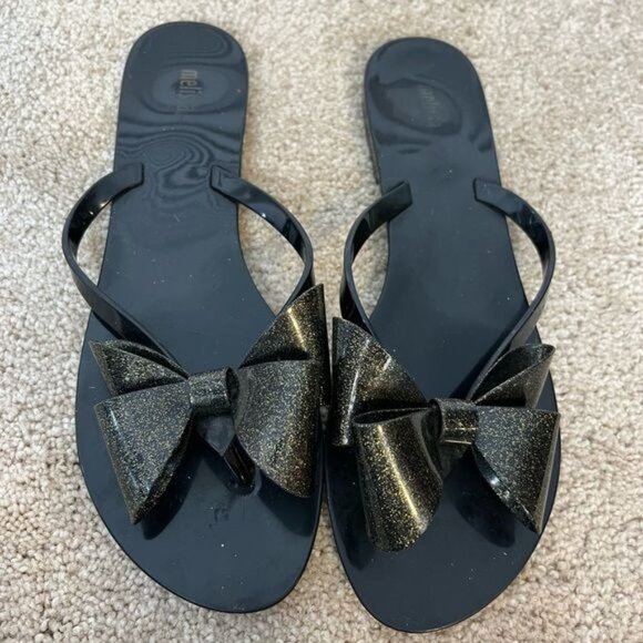 MELISSA Jelly Sandal Black Gold Glitter Bow Size 10 - Picture 6 of 11